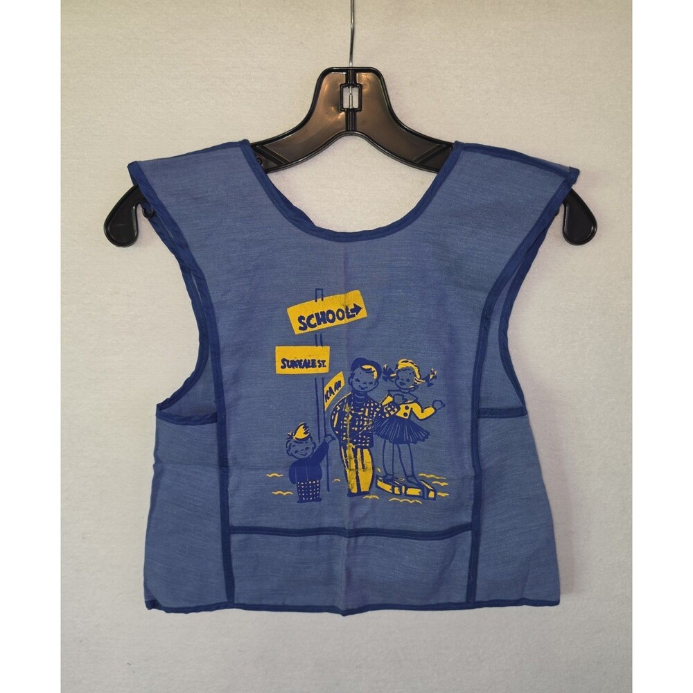 Vintage 50s Children's Art Smock Apron Bib School OS Blue Cloth Retro